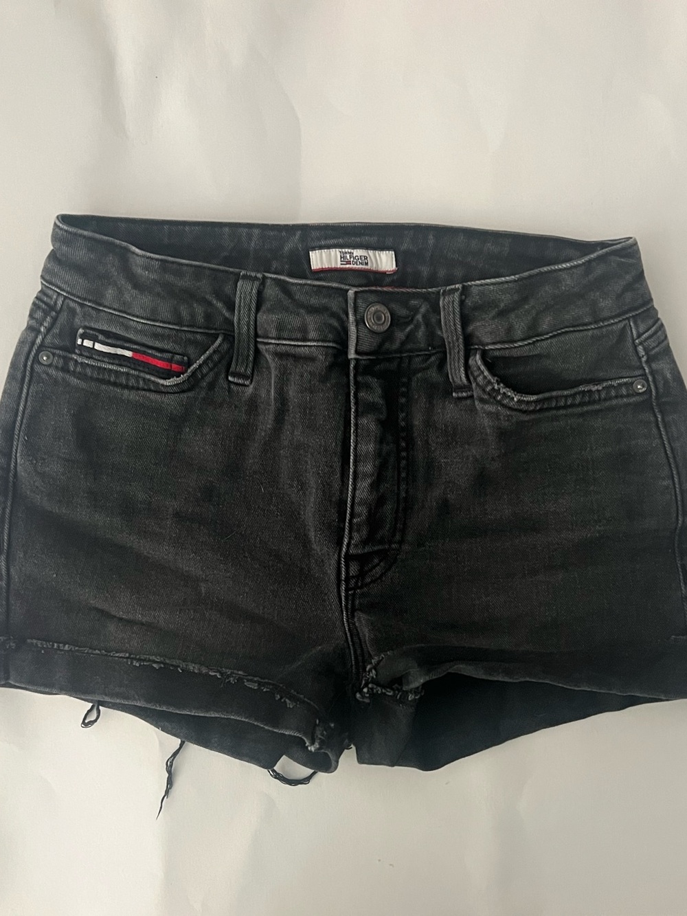 Tommy Hilfiger Black Wash Denim Shorts with Flag Detail